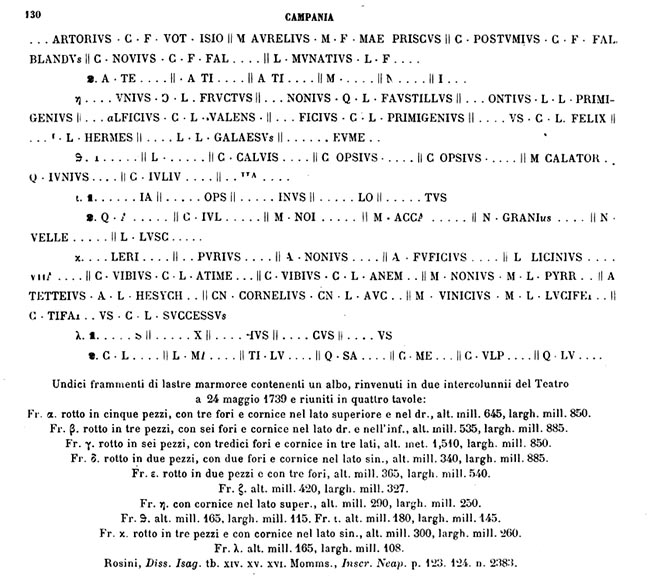 Herculaneum, Great Album of Names, discovered 24th May 1739.
See Fiorelli, G. 1868. Catalogo del Museo Nazionale di Napoli - Raccolta epigrafica 2 – Iscrizioni Latine, (p. 130).
See Wallace-Hadrill, A. (2011). Herculaneum, Past and Future. London, Frances Lincoln Ltd, (p.138-145).